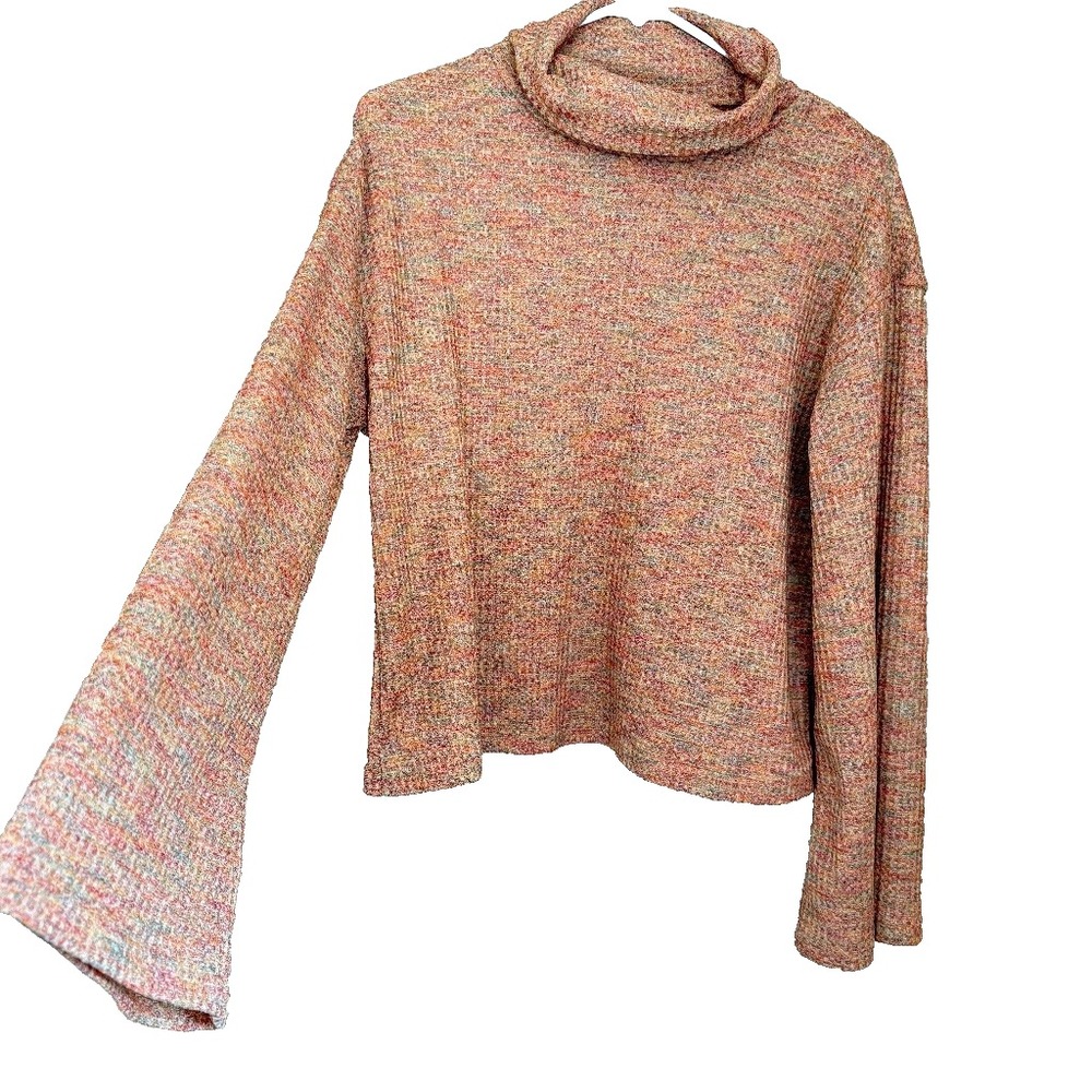 Waffle Textured Rollneck Cropped Turtleneck Top Sz S Long Bell Sleeves Y2K Boho